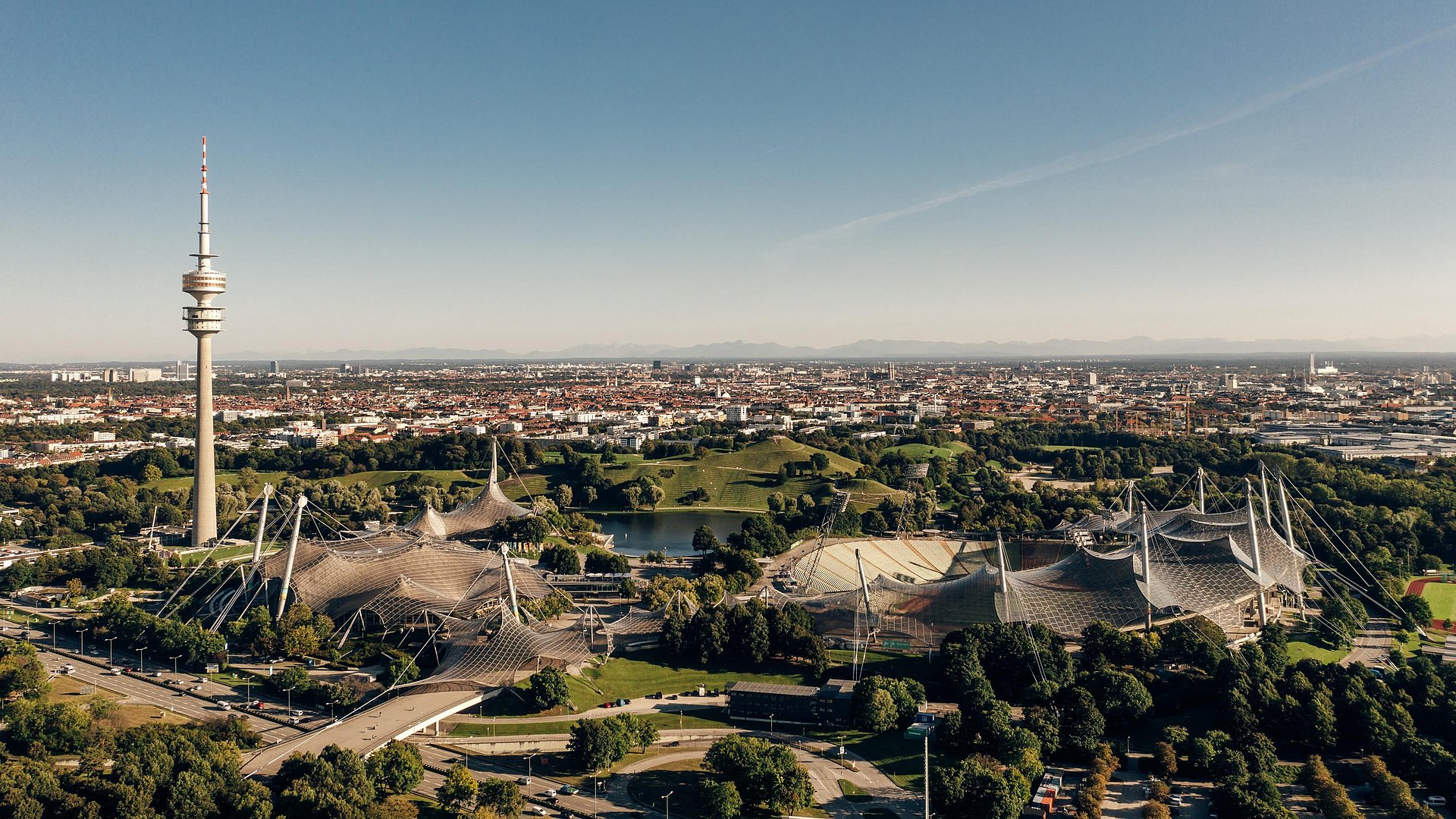 View of the Olympiapark from above.