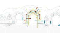 Grafische Darstellung der Idee der grünen Gebäudehüllen als Lebensraum für Tiere, Pflanzen und Mikroben.