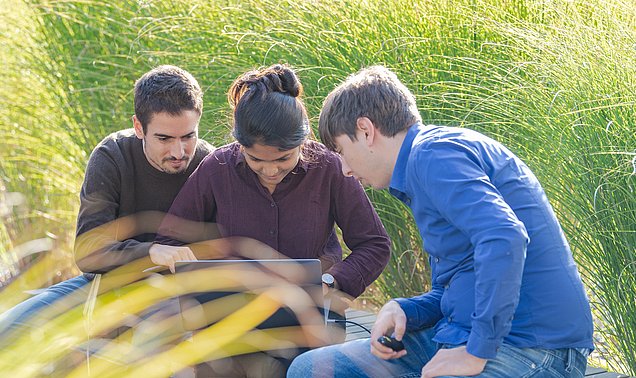 Three students, sitting amidst tall grasses, look together at a laptop screen