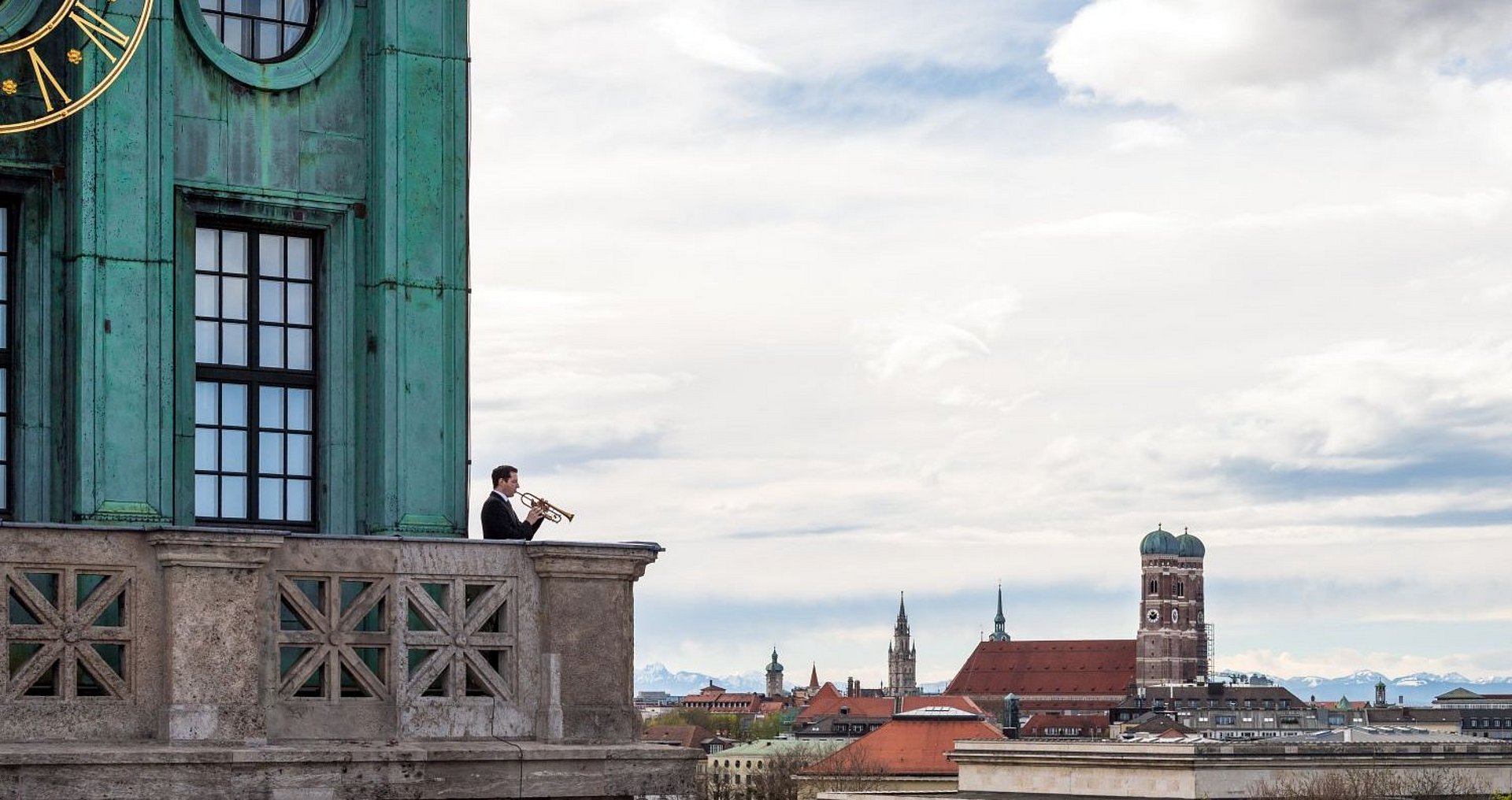 Trumpeter on the Thiersch Tower, the landmark of the Technical University of Munich.