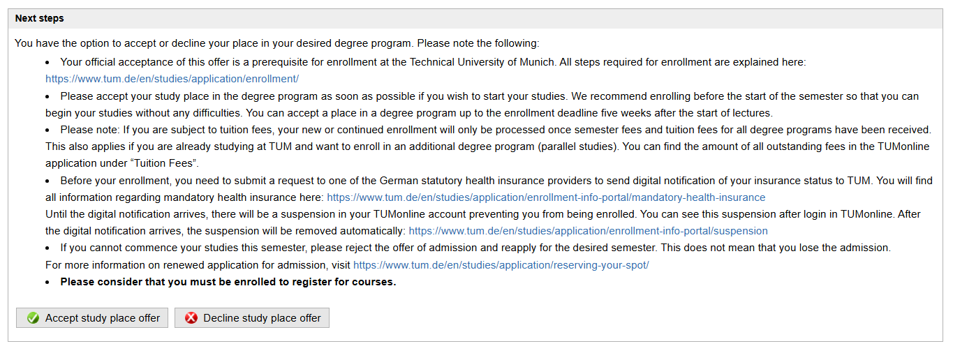 Screenshot TUMonline: Accept study place offer