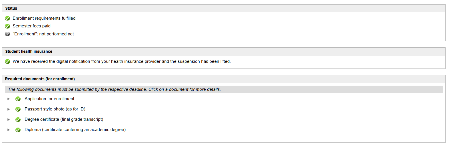 Screenshot TUMonline: Status enrollment